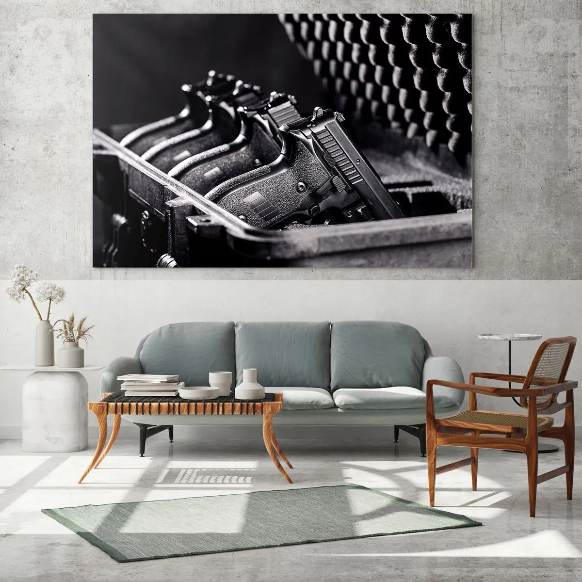 Impression sur verre - Image sur verre - Pistolets noirs dans un étui sur fond de mousse protectrice - 120x80cm - Sport masculin - Décoration murale moderne pour le salon et la chambre ARTTOR