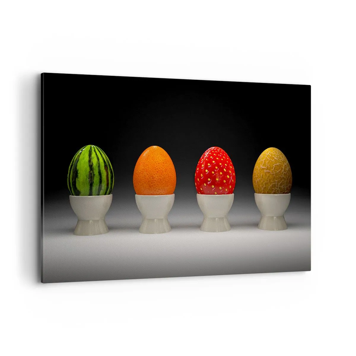 Impression sur toile - Image sur toile - Œufs colorés ressemblant à des fruits sur un fond sombre - 100x70cm - Petit-déjeuner fruité - Décoration murale moderne pour le salon et la chambre ARTTOR