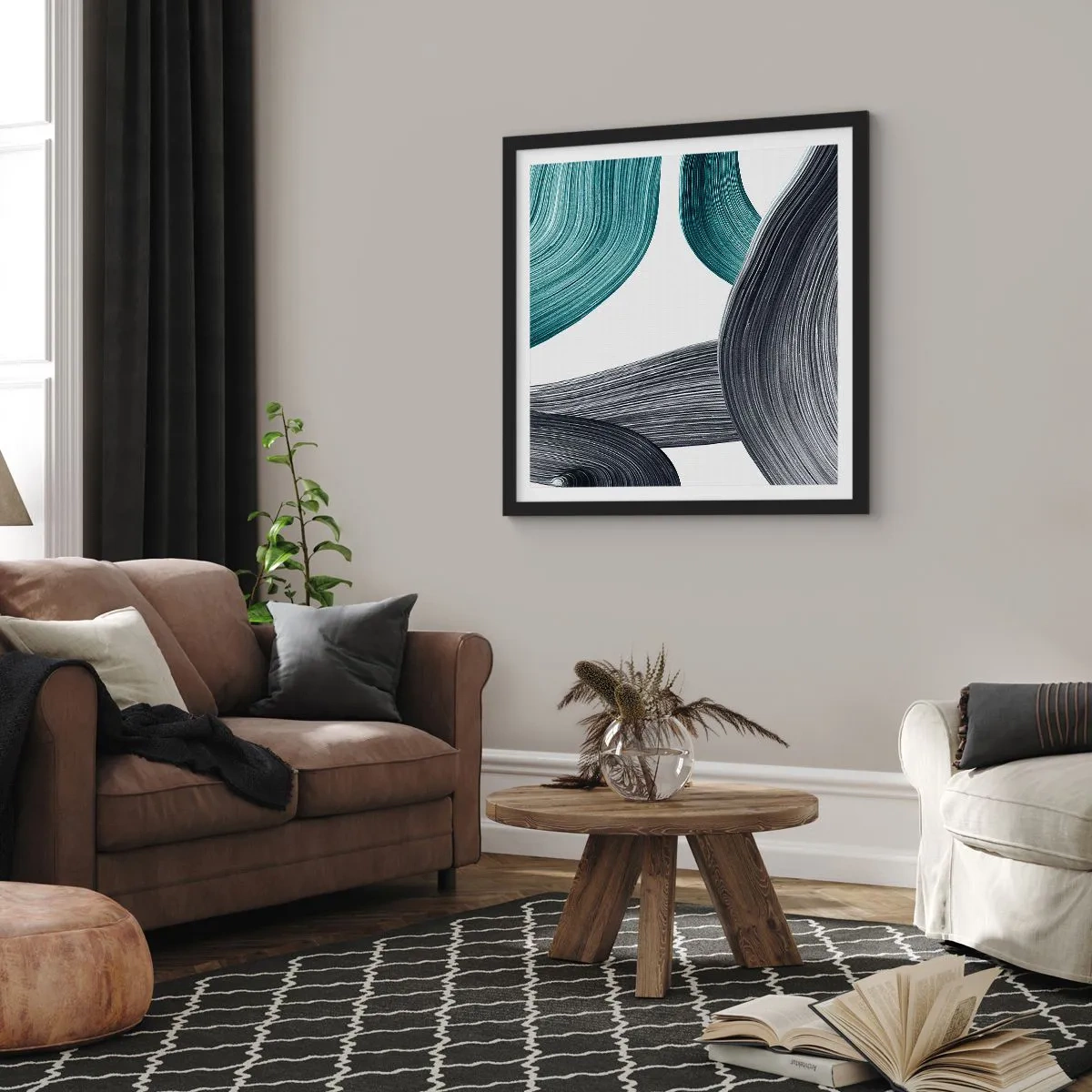 Affiche dans un cadre noir - Poster - Sentiers émeraude et noirs - 60x60 cm