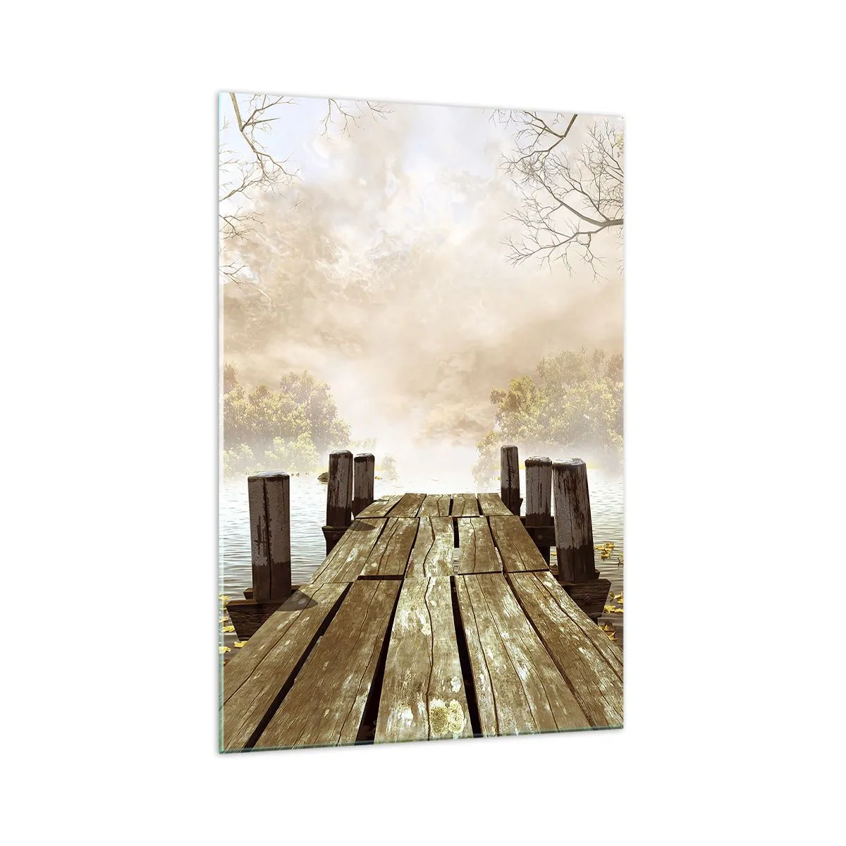 Impression sur verre - Image sur verre - Une jetée en bois menant à un lac calme dans la brume matinale - 70x100cm - La douce tristesse de l'automne - Décoration murale moderne pour le salon et la chambre ARTTOR