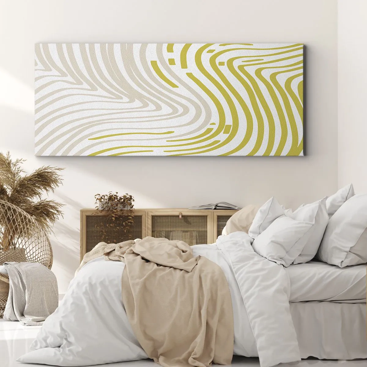 Impression sur toile - Image sur toile - Un motif abstrait avec des lignes ondulées dans des tons de jaune et de beige. - 160x50cm - Une composition au léger virage - Décoration murale moderne pour le salon et la chambre ARTTOR
