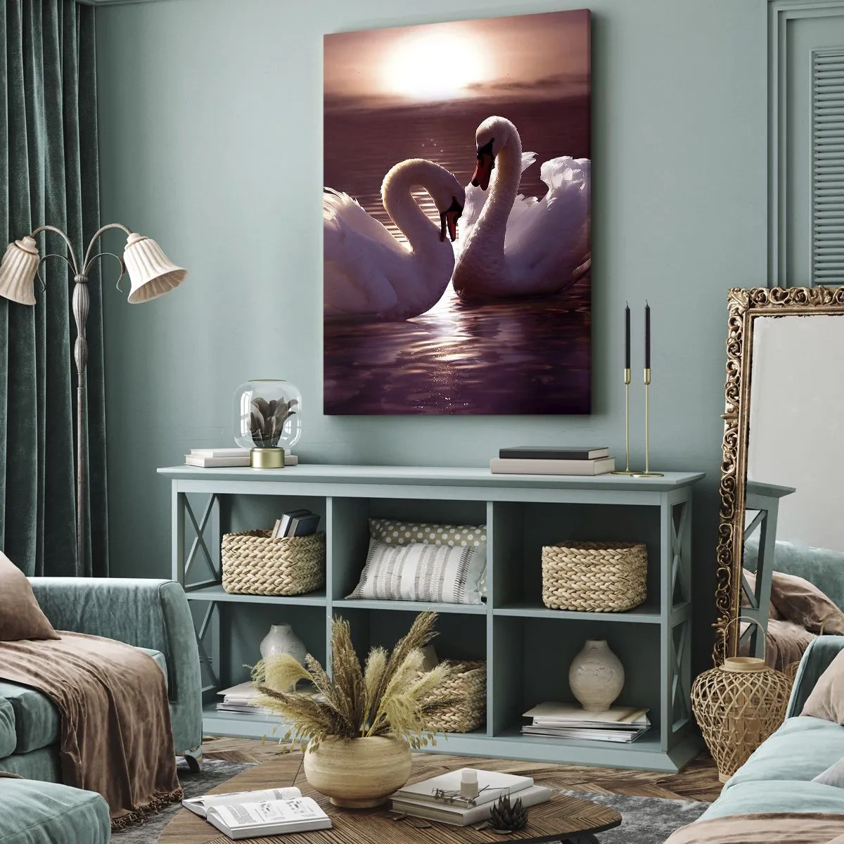 Impression sur toile - Image sur toile - Deux cygnes sur un lac calme au coucher du soleil - 80x120cm - Jusqu'à ce que la mort nous sépare - Décoration murale moderne pour le salon et la chambre ARTTOR