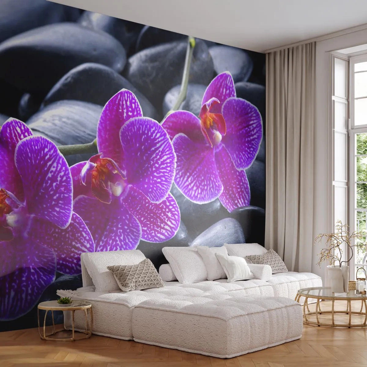 Papier Peint Photo Premium Sand - Orchidées violettes sur fond de pierres noires - 100x70cm - Les pierres brillaient de joie - Décoration murale moderne pour le salon et la chambre ARTTOR