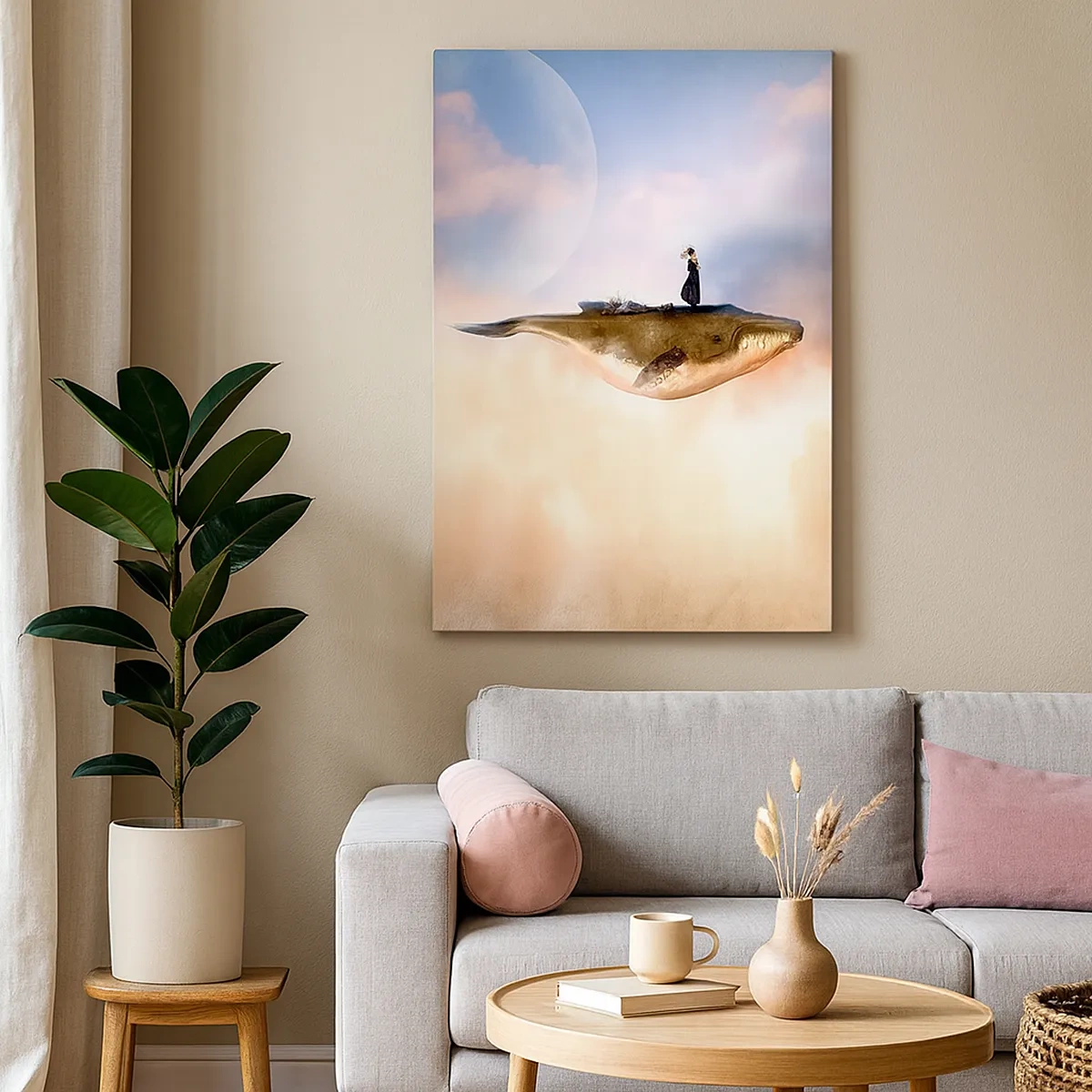 Impression sur toile - Image sur toile - Une scène fantastique d'une femme sur une baleine parmi les nuages - 50x70cm - Voyage irréel - Décoration murale moderne pour le salon et la chambre ARTTOR