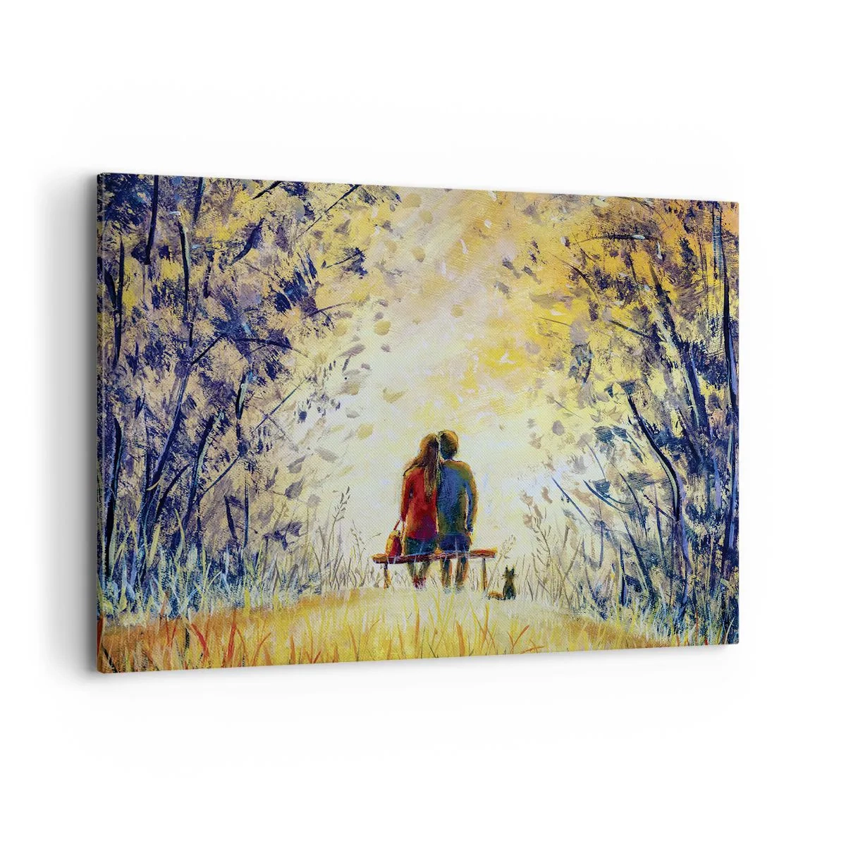 Impression sur toile - Image sur toile - Un couple assis sur un banc parmi les arbres d'automne au soleil - 120x80cm - Moment magique - Décoration murale moderne pour le salon et la chambre ARTTOR