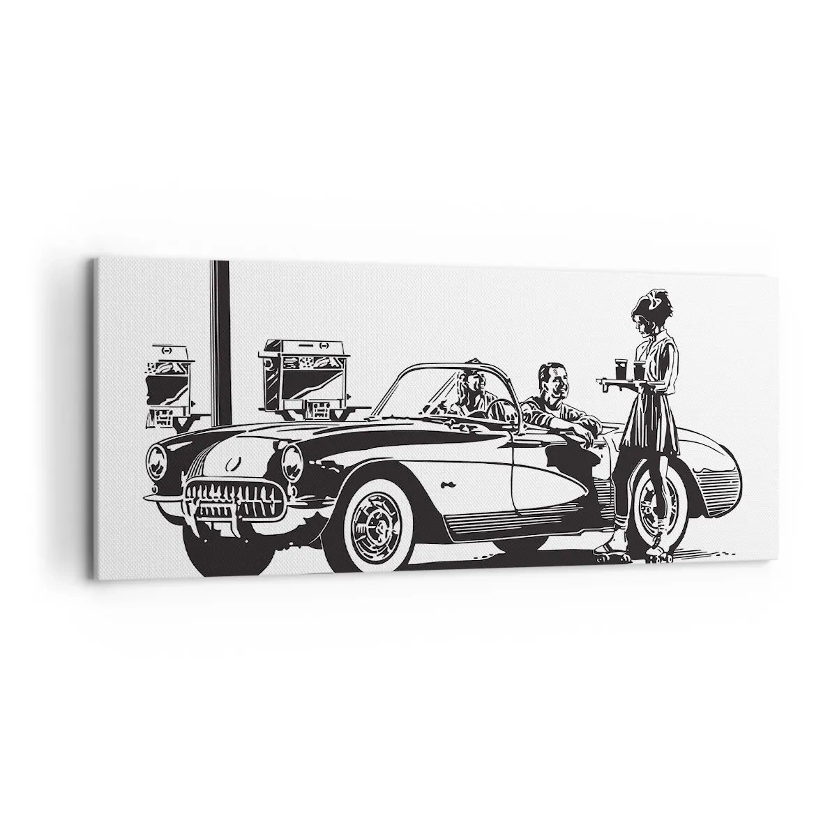 Impression sur toile - Image sur toile - Une scène rétro en noir et blanc avec une voiture et une serveuse en patins à roulettes. - 120x50cm - 60's - Amérique insouciante - Décoration murale moderne pour le salon et la chambre ARTTOR
