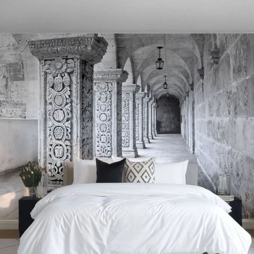 Papier Peint Photo Premium Canvas - Colonnes historiques dans une prise de vue monochrome - 100x70cm - Où cela mène-t-il…? - Décoration murale moderne pour le salon et la chambre ARTTOR