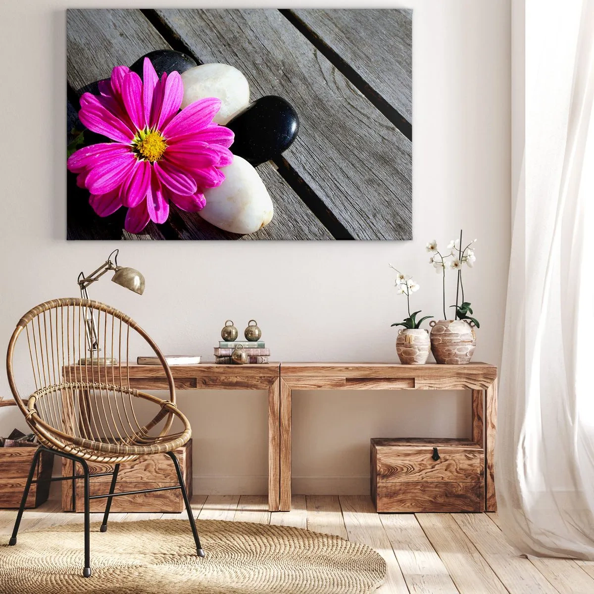 Impression sur toile - Image sur toile - Fleur rose sur un fond de planches de bois avec des pierres - 100x70cm - Repos sur la jetée - Décoration murale moderne pour le salon et la chambre ARTTOR