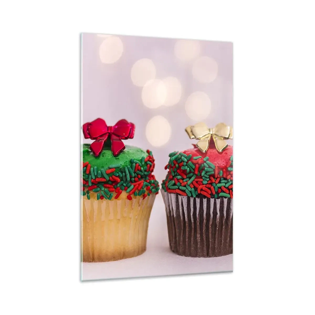 Impression sur verre - Image sur verre - Cupcakes de Noël avec des paillettes et des nœuds colorés - 80x120cm - Une sucrerie après la cocarde - Décoration murale moderne pour le salon et la chambre ARTTOR