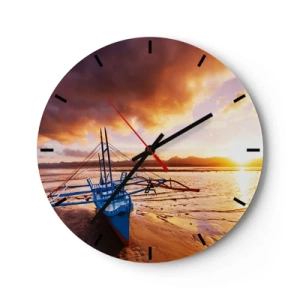 Horloge murale - Pendule murale - Un bateau sur la plage au coucher du soleil - 30x30cm - Allongez-vous dans le sable après une longue journée - Décoration murale moderne pour le salon, la cuisine et la chambre ARTTOR