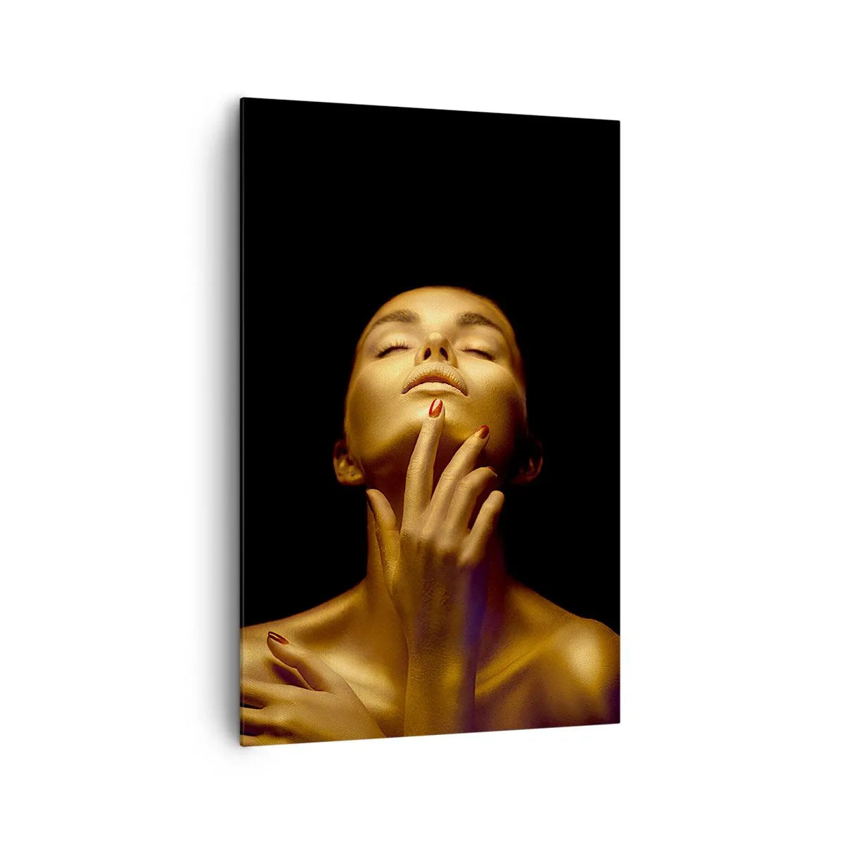 Impression sur toile - Image sur toile - Portrait d'une femme dans une lueur dorée sur fond noir - 80x120cm - Comme de la soie dorée - Décoration murale moderne pour le salon et la chambre ARTTOR
