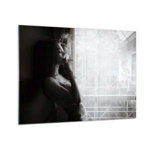 Impression sur verre - Image sur verre - Femme fumant près de la fenêtre en noir et blanc - 70x50cm - Vous sentez-vous libre ? - Décoration murale moderne pour le salon et la chambre ARTTOR