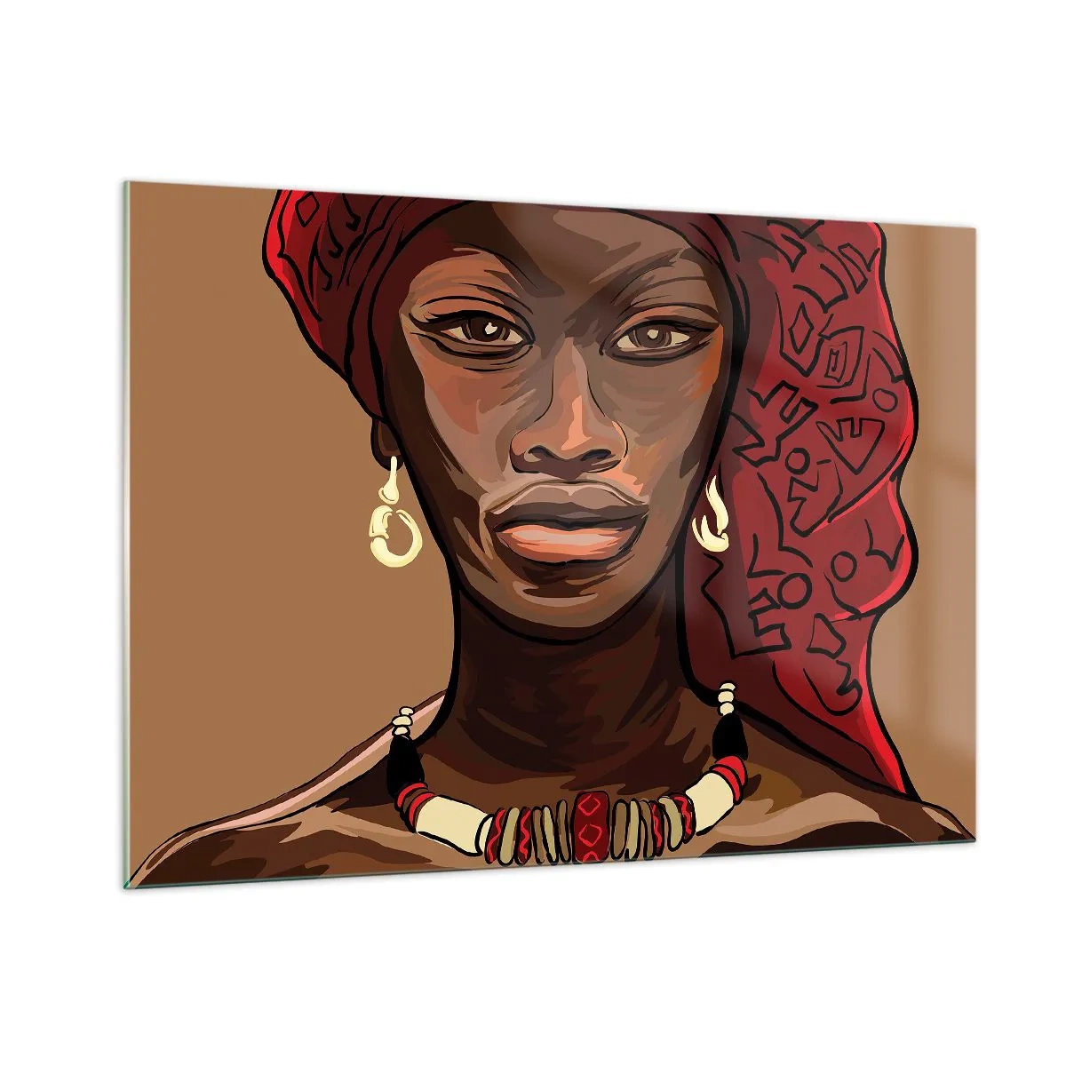 Impression sur verre - Image sur verre - Portrait stylisé d'une femme au turban rouge avec des bijoux. - 100x70cm - Vénus d'ébène - Décoration murale moderne pour le salon et la chambre ARTTOR