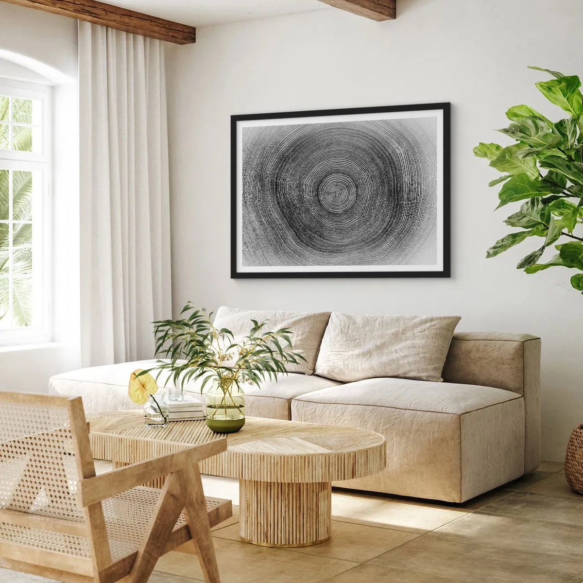 Affiche dans un cadre noir - Poster - Motif de cernes d'arbre noir et blanc montrant une coupe transversale du tronc - 70x50cm - Signe du temps - Décoration murale moderne pour le salon et la chambre ARTTOR