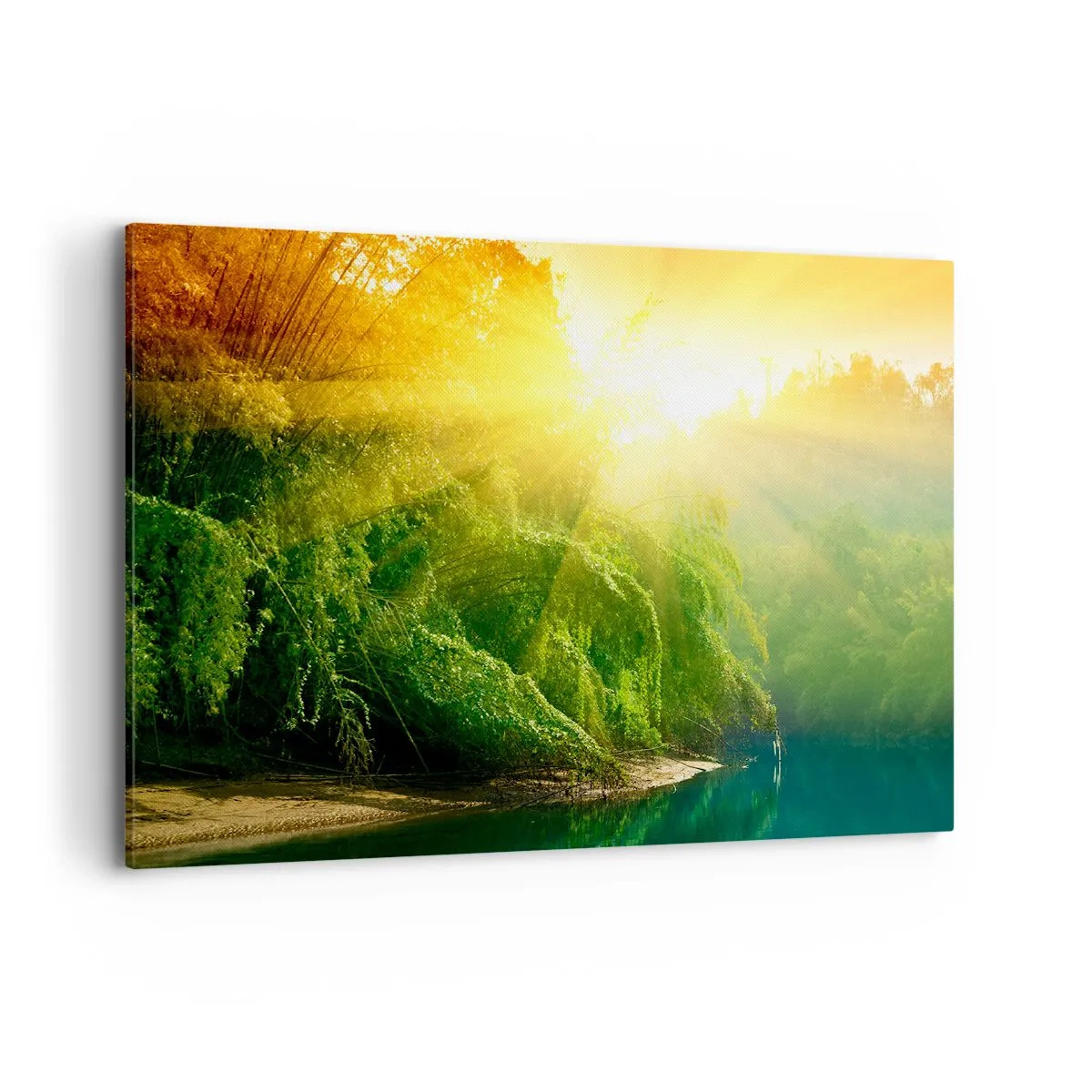Impression sur toile - Image sur toile - Une forêt verte au bord de la rivière, illuminée par les rayons du soleil levant - 120x80cm - Se noyer au soleil et à l'ombre - Décoration murale moderne pour le salon et la chambre ARTTOR