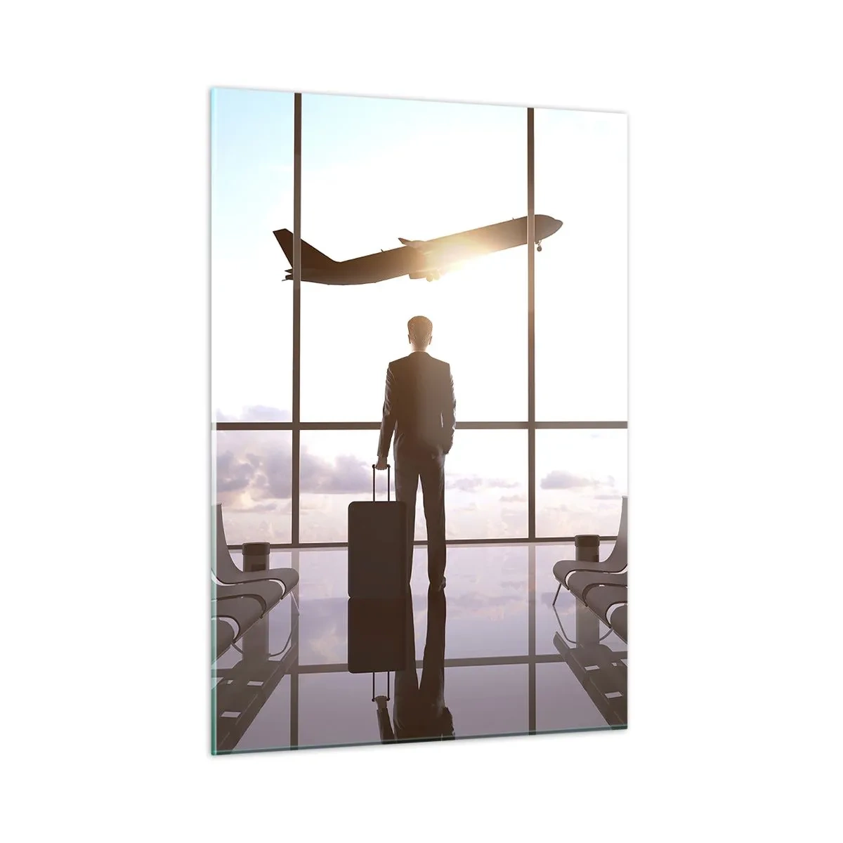 Impression sur verre - Image sur verre - Un homme avec une valise à l'aéroport regardant un avion décoller. - 50x70cm - Vous avez le temps, ralentissez - Décoration murale moderne pour le salon et la chambre ARTTOR