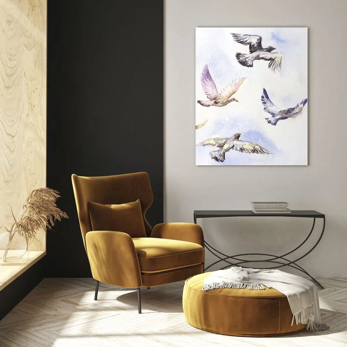 Impression sur verre - Image sur verre - Oiseaux à l'aquarelle en vol sur un ciel délicat - 80x120cm - Liberté en gris et bleu - Décoration murale moderne pour le salon et la chambre ARTTOR