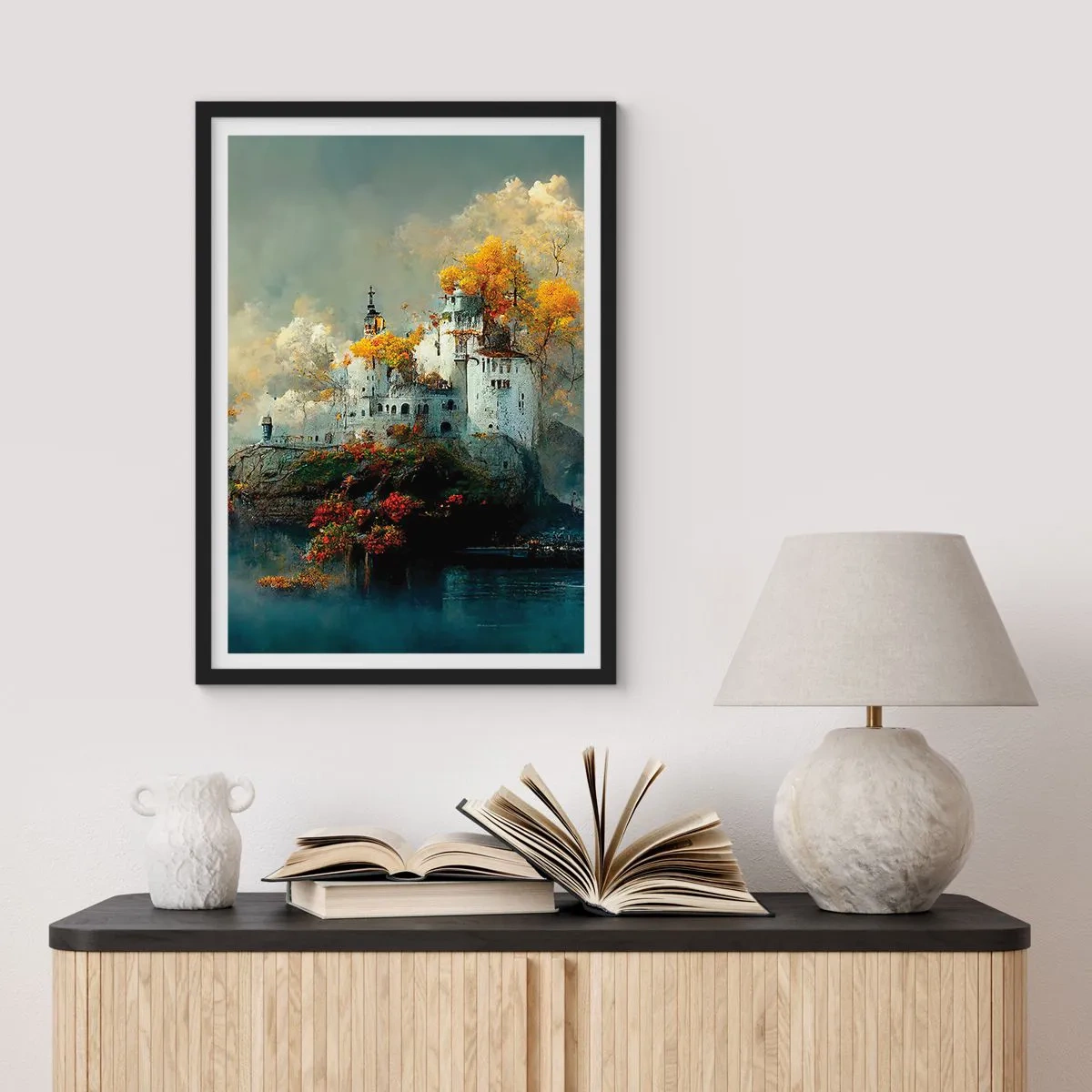 Affiche dans un cadre noir - Poster - Un château sur un rocher entouré d'un paysage d'automne - 50x70cm - Le début d'une histoire romantique - Décoration murale moderne pour le salon et la chambre ARTTOR