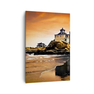 Impression sur toile - Image sur toile - Une maison sur un rocher près de la plage au coucher du soleil avec son reflet dans l'eau - 70x100cm - L'élégance de la côte ouest - Décoration murale moderne pour le salon et la chambre ARTTOR