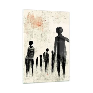 Impression sur verre - Image sur verre - Figures noires en mouvement sur un fond clair avec une texture rouge - 50x70cm - Contre la solitude - Décoration murale moderne pour le salon et la chambre ARTTOR