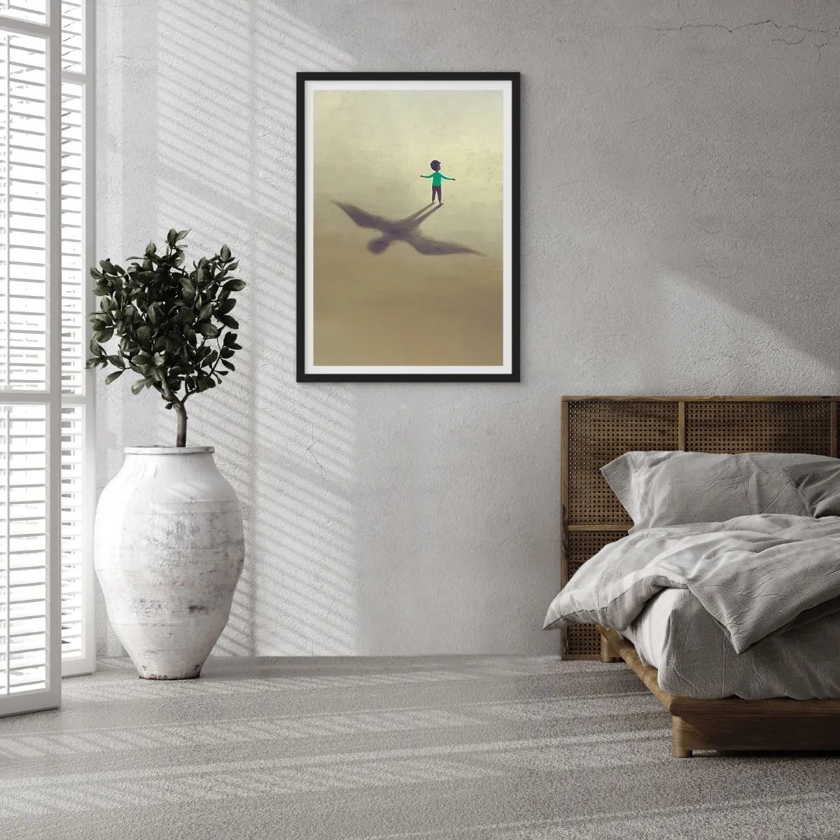 Affiche dans un cadre noir - Poster - Un enfant avec l'ombre d'un oiseau sur un ciel pastel - 50x70cm - Héros du futur - Décoration murale moderne pour le salon et la chambre ARTTOR