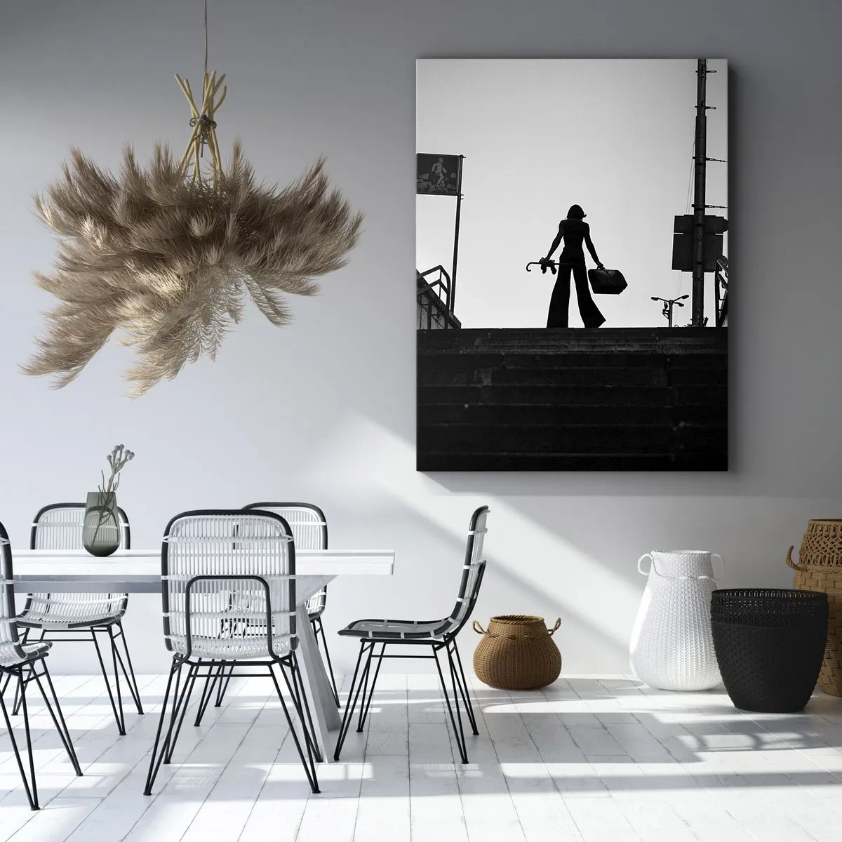 Impression sur toile - Image sur toile - Une figure de femme dans les escaliers en noir et blanc avec une atmosphère dynamique - 80x120cm - Pèlerinage urbain - Décoration murale moderne pour le salon et la chambre ARTTOR