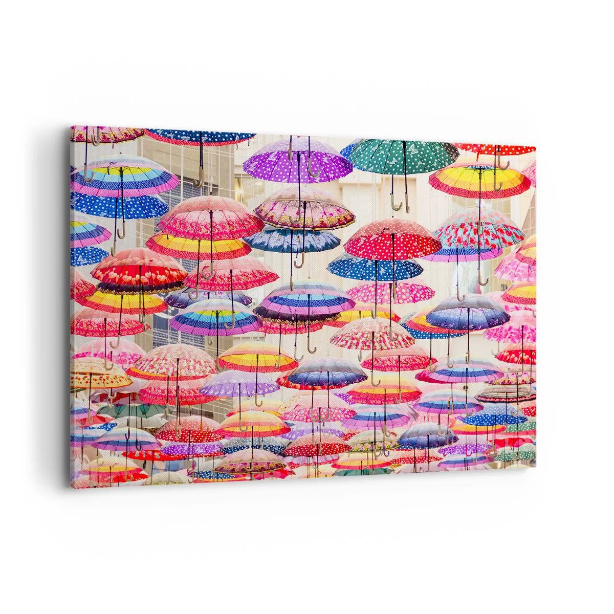 Impression sur toile - Image sur toile - Parapluies colorés suspendus dans les airs - 100x70cm - Prairie de la ville - Décoration murale moderne pour le salon et la chambre ARTTOR