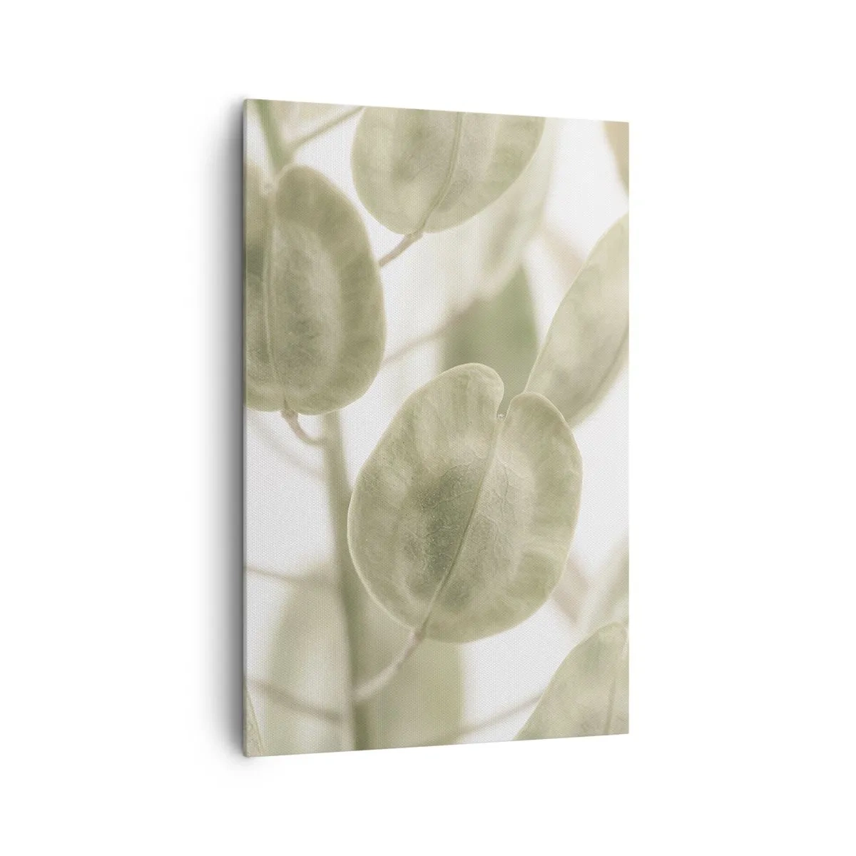 Impression sur toile - Image sur toile - Une peinture délicate de feuilles dans des tons pastel de vert sur un fond clair. - 80x120cm - Au commencement il y avait des feuilles... - Décoration murale moderne pour le salon et la chambre ARTTOR