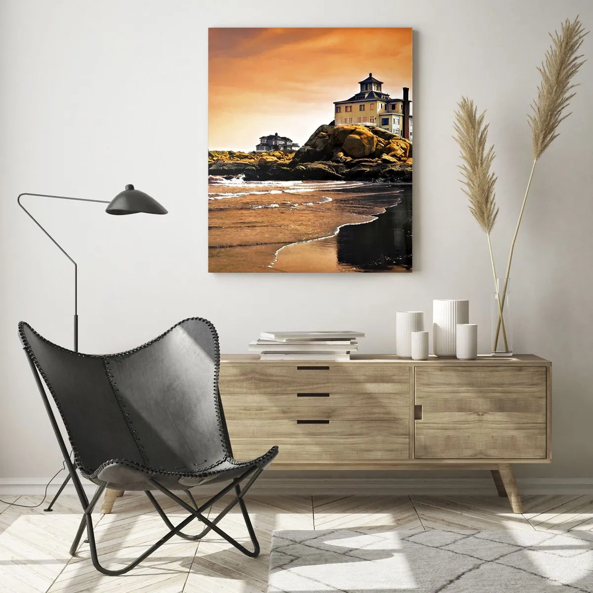 Impression sur verre - Image sur verre - Maison sur une falaise surplombant la mer au coucher du soleil - 50x70cm - L'élégance de la côte ouest - Décoration murale moderne pour le salon et la chambre ARTTOR