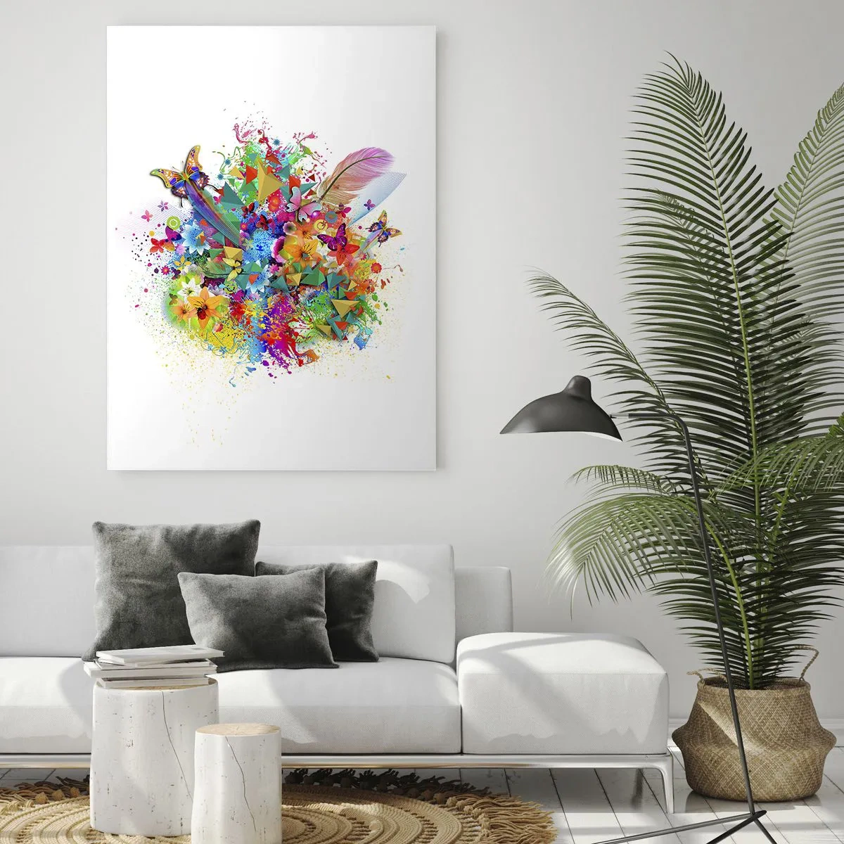 Impression sur verre - Image sur verre - Abstraction colorée avec des papillons, des fleurs et des plumes sur fond blanc - 50x70cm - Un bouquet de joie - Décoration murale moderne pour le salon et la chambre ARTTOR