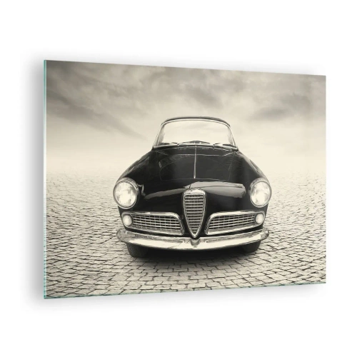 Impression sur verre - Image sur verre - Voiture classique sur une route pavée en noir et blanc - 70x50cm - Et alors! Tu ne m'aime pas? - Décoration murale moderne pour le salon et la chambre ARTTOR