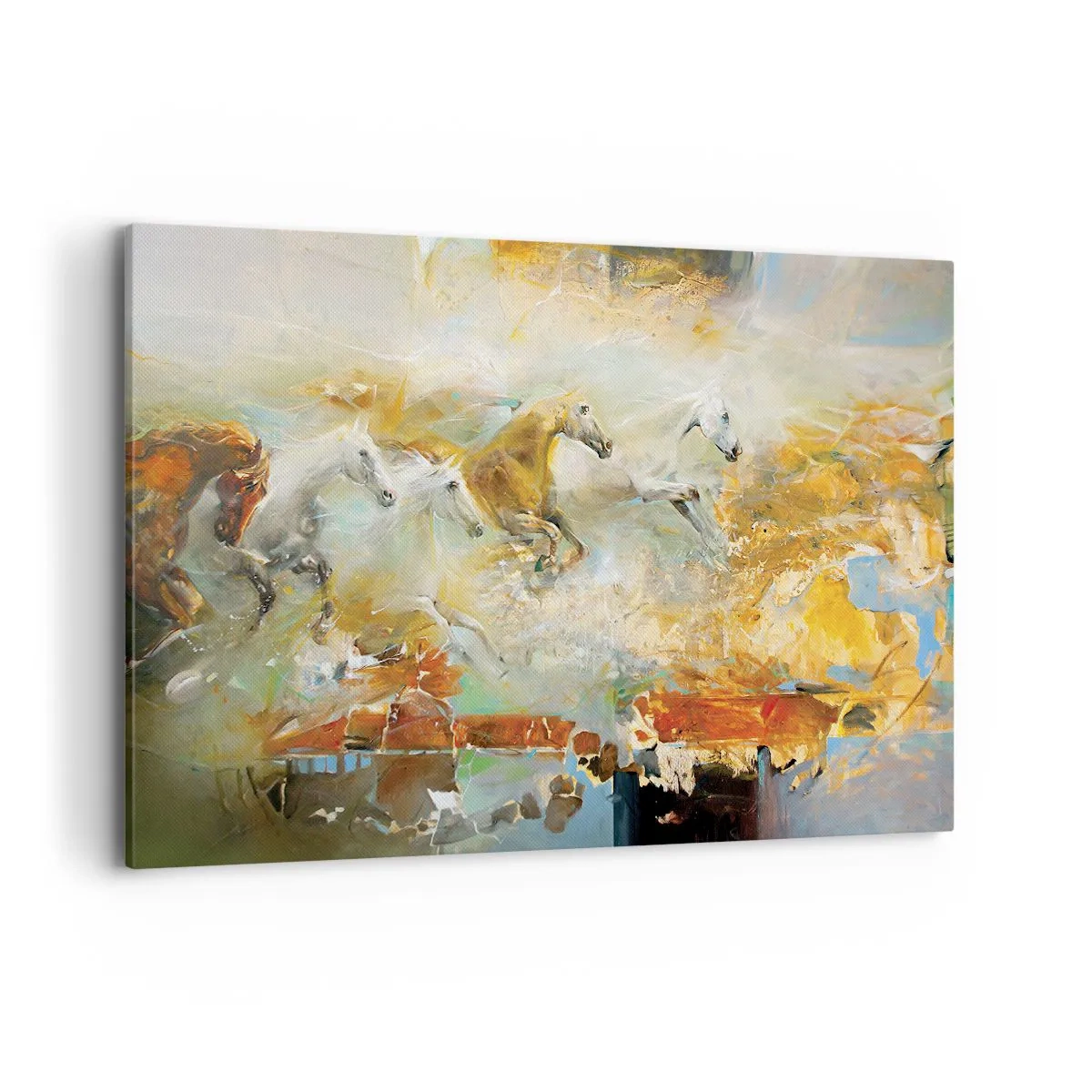 Impression sur toile - Image sur toile - Des chevaux artistiques dans un cadre dynamique et coloré - 120x80cm - Au galop vers la lumière - Décoration murale moderne pour le salon et la chambre ARTTOR