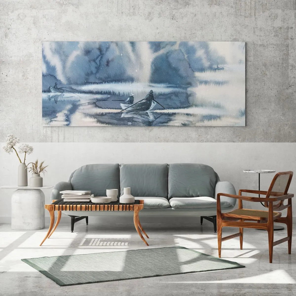 Impression sur verre - Image sur verre - Paysage à l'aquarelle avec des bateaux sur un lac entouré d'une forêt brumeuse - 120x50cm - Les pêcheurs dans leur paradis - Décoration murale moderne pour le salon et la chambre ARTTOR