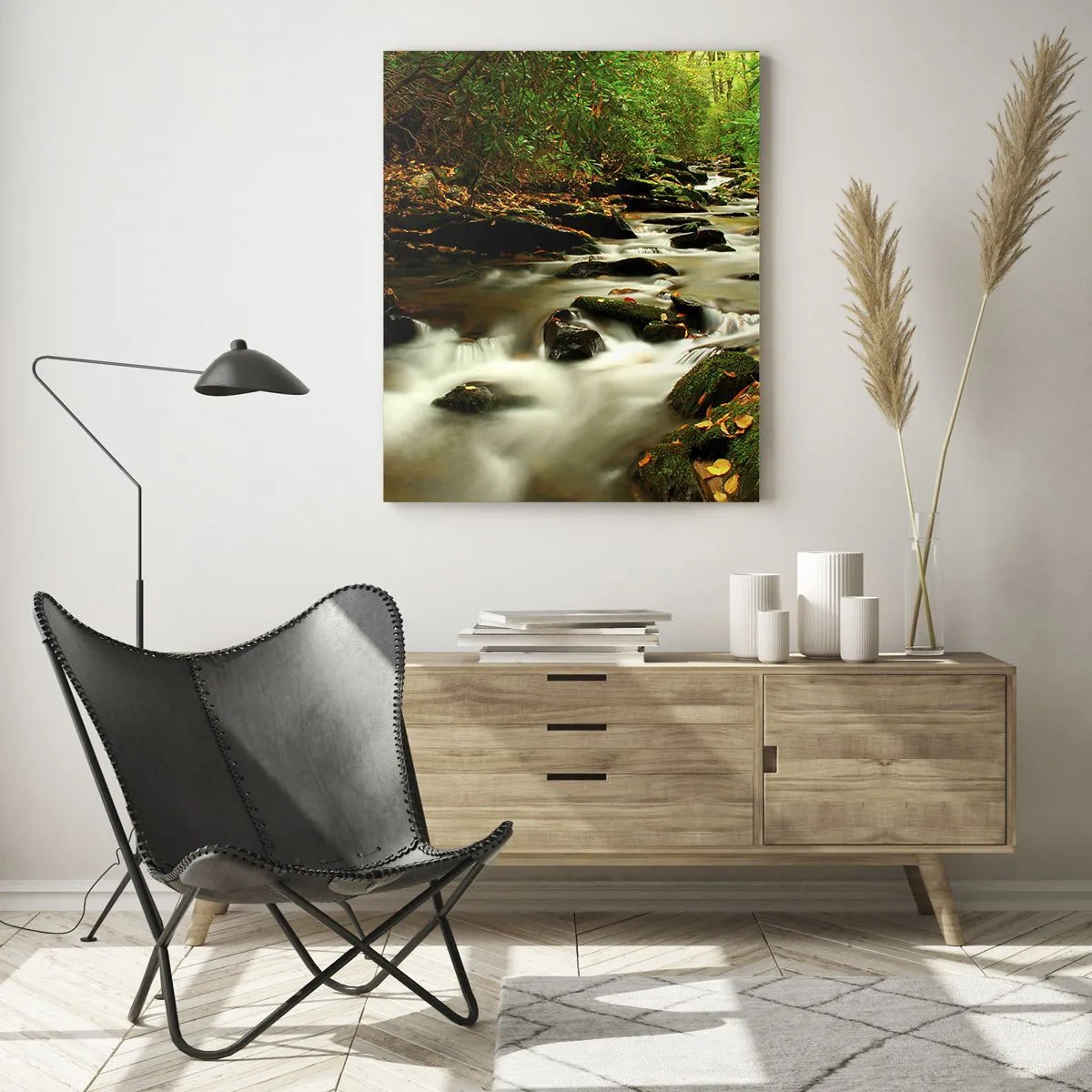 Impression sur verre - Image sur verre - Un ruisseau forestier coulant entre des pierres entourées de verdure - 70x100cm - Comme de l'argent liquide - Décoration murale moderne pour le salon et la chambre ARTTOR