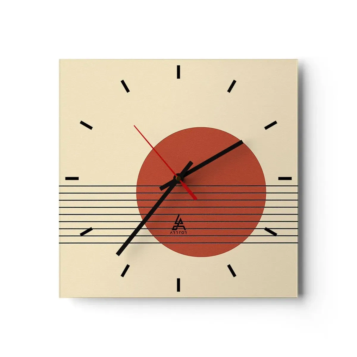 Horloge murale - Pendule murale - Cercle rouge abstrait avec des lignes sur fond beige. - 30x30cm - Aux alentours et plus loin - Décoration murale moderne pour le salon et la chambre ARTTOR