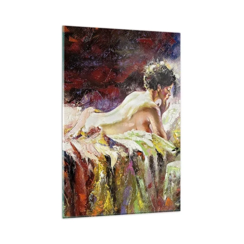 Impression sur verre - Image sur verre - Une femme allongée sur un lit sur un fond de couleurs abstraites. - 80x120cm - Vénus en pensée - Décoration murale moderne pour le salon et la chambre ARTTOR