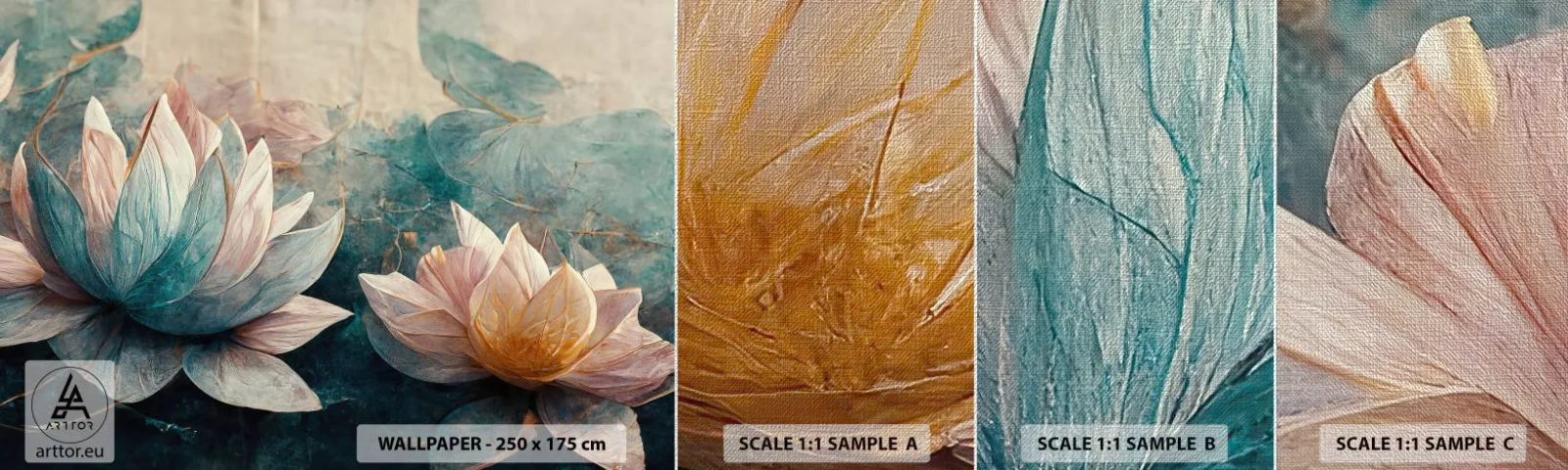 Échantillon de Papier Peint Premium Canvas - Les étoiles du lac - Fleurs, Art Déco, Lotus - 100x30 cm