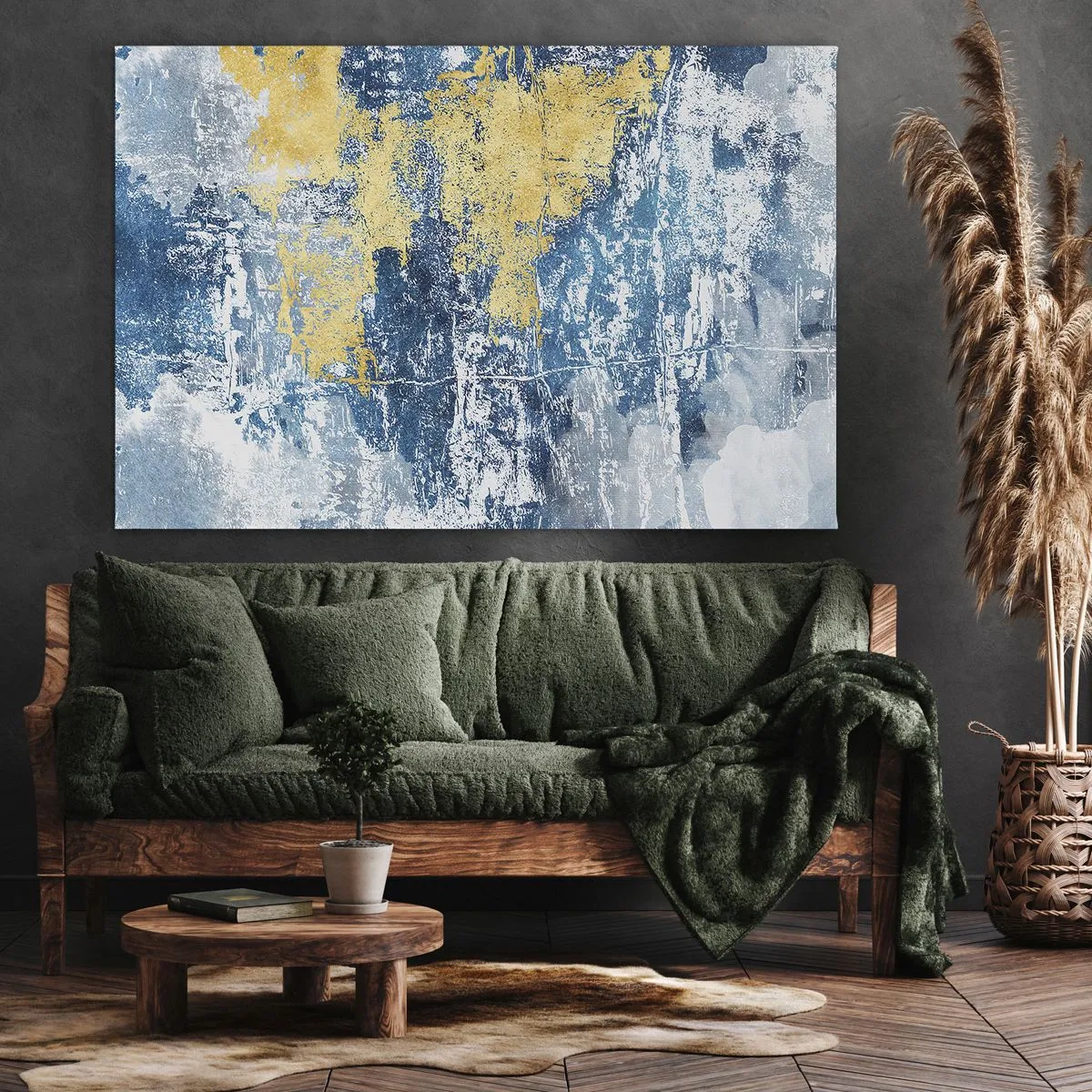 Impression sur toile - Image sur toile - Abstraction dans les tons de bleu et de jaune - 120x80cm - Abstraction du temps - Décoration murale moderne pour le salon et la chambre ARTTOR
