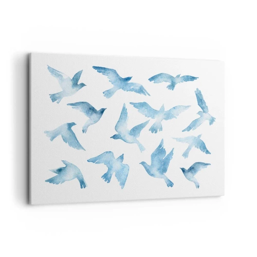 Impression sur toile - Image sur toile - Une aquarelle subtile représentant des oiseaux en vol - 100x70cm - Oiseaux bleus - Décoration murale moderne pour le salon et la chambre ARTTOR