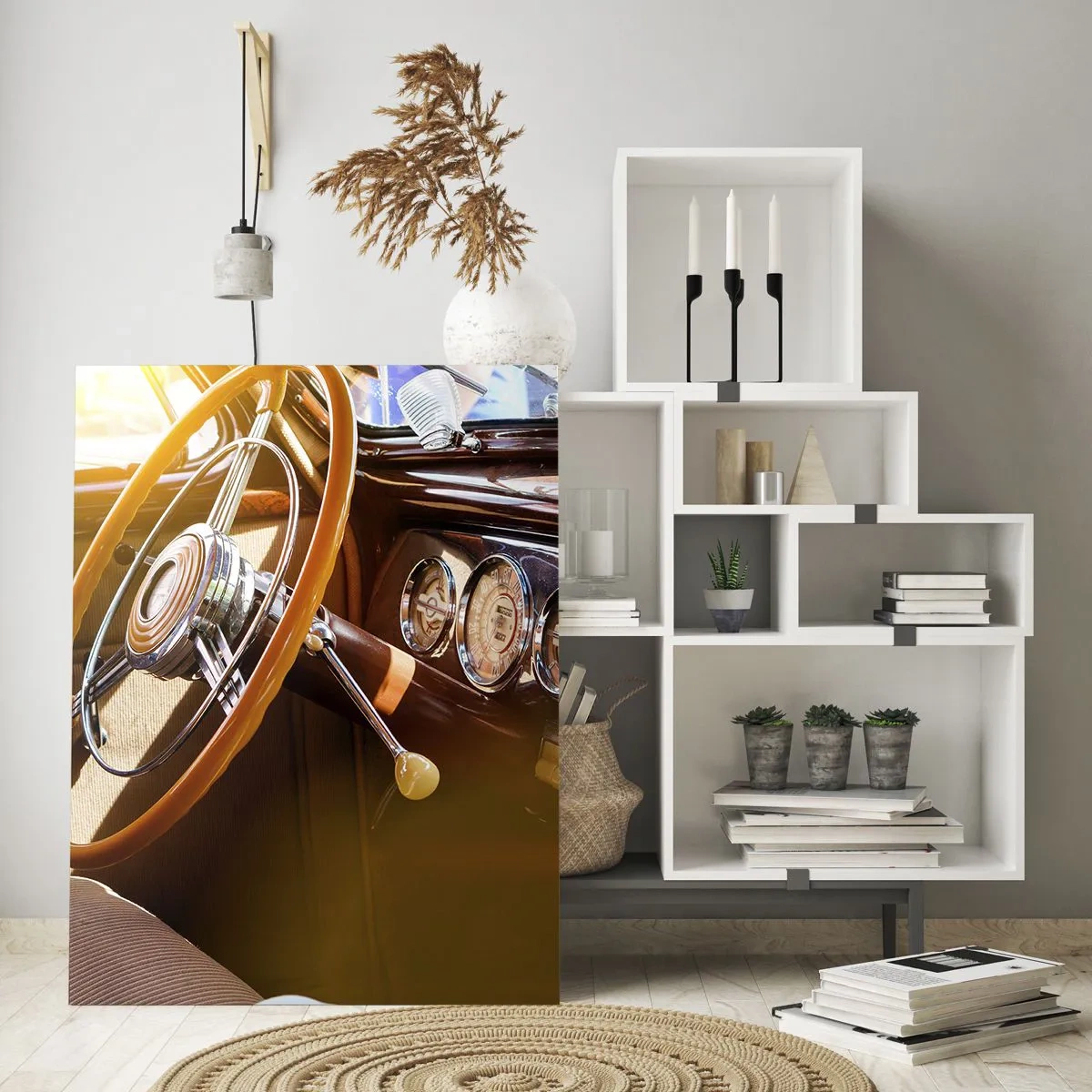 Impression sur verre - Image sur verre - Intérieur d'une voiture ancienne avec un volant en bois - 50x70cm - Souffle de luxe venu du passé - Décoration murale moderne pour le salon et la chambre ARTTOR
