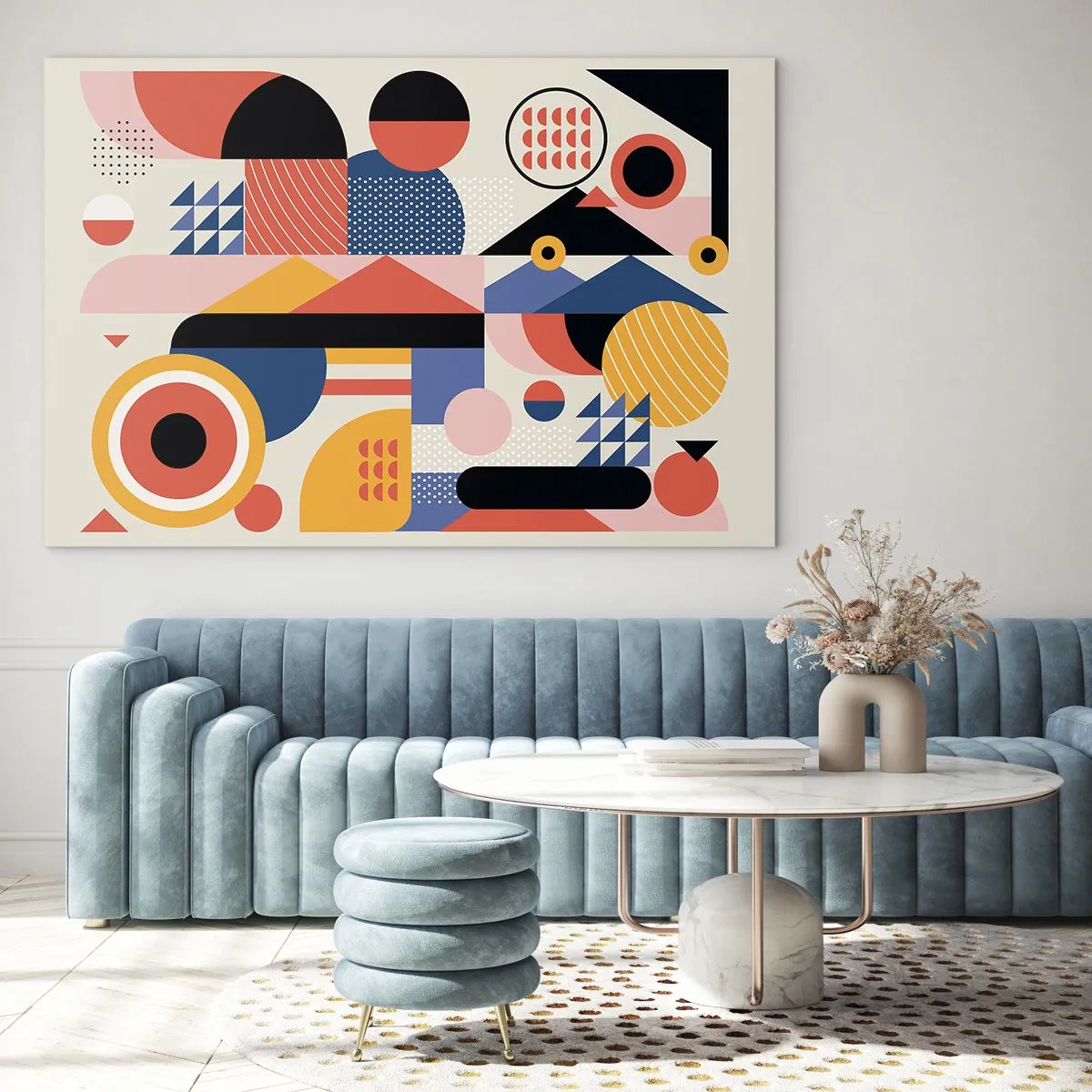 Impression sur verre - Image sur verre - Abstraction géométrique colorée avec des cercles et des triangles - 100x70cm - Composition : jouer - Décoration murale moderne pour le salon et la chambre ARTTOR