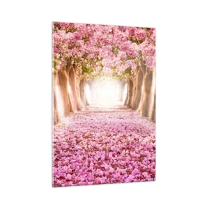 Impression sur verre - Image sur verre - Une allée d'arbres en fleurs avec des pétales roses au sol - 50x70cm - La route du paradis - Décoration murale moderne pour le salon et la chambre ARTTOR