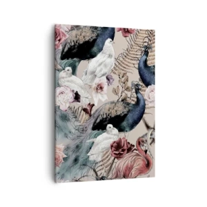 Impression sur toile - Image sur toile - Un paysage avec des plumes de paon, des roses et des oiseaux dans un style romantique. - 50x70cm - Dans un jardin de palace - Décoration murale moderne pour le salon et la chambre ARTTOR