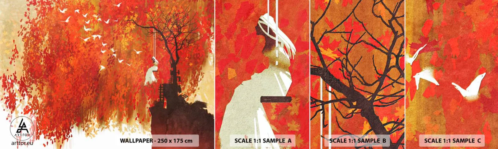 Échantillon de Papier Peint Autocollant Deluxe Sticker - S'envolera-t-il avec eux ? - Abstraction, Femme, Des oiseaux - 100x30 cm