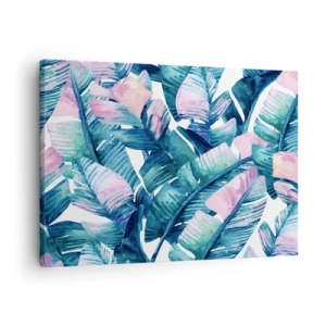 Impression sur toile - Image sur toile - Feuilles de bananier dans les tons bleu et rose - 70x50cm - Dans une bananeraie - Décoration murale moderne pour le salon et la chambre ARTTOR