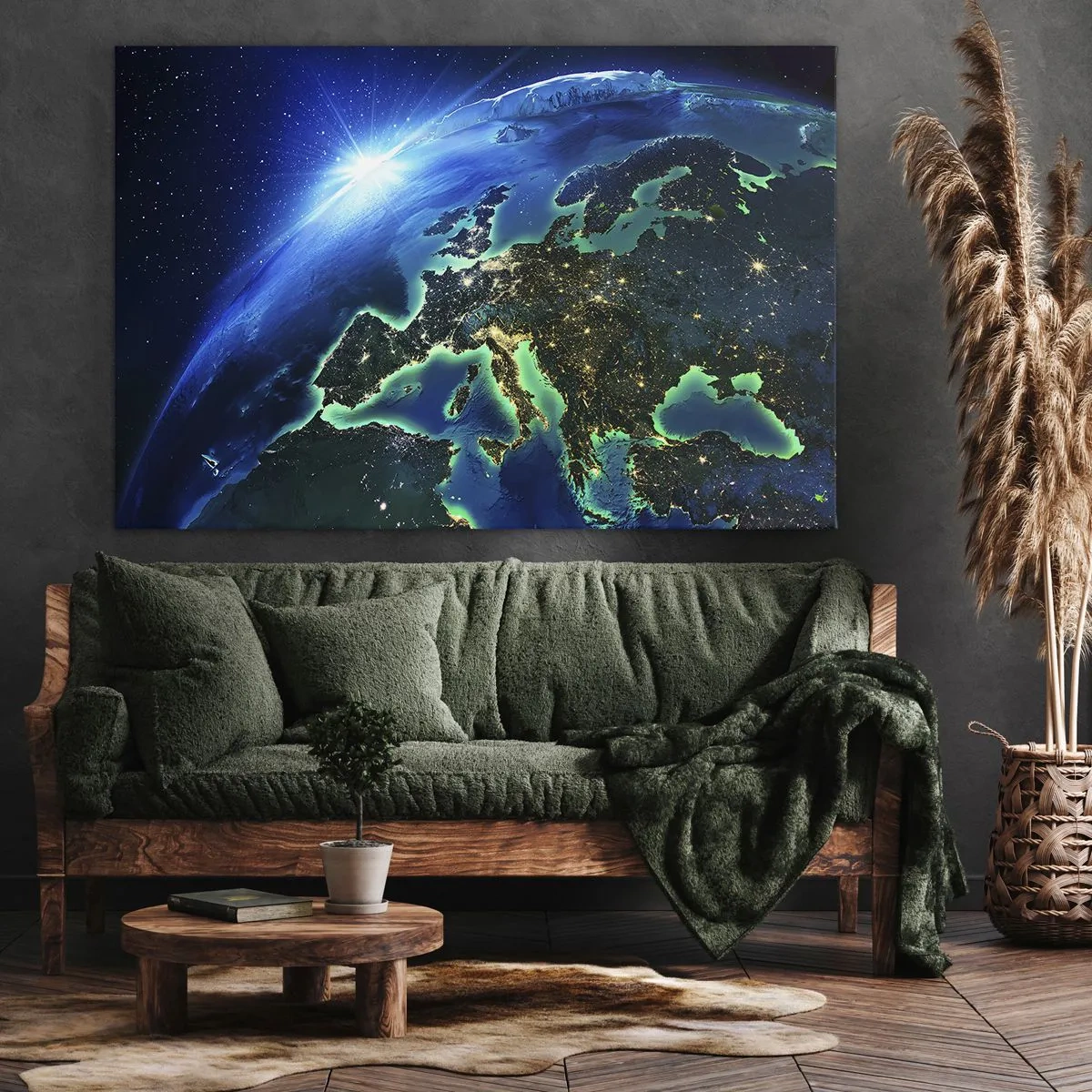 Impression sur toile - Image sur toile - Une vue d'Europe depuis l'espace à la lueur du soleil levant. - 70x50cm - Europe pétillante - Décoration murale moderne pour le salon et la chambre ARTTOR
