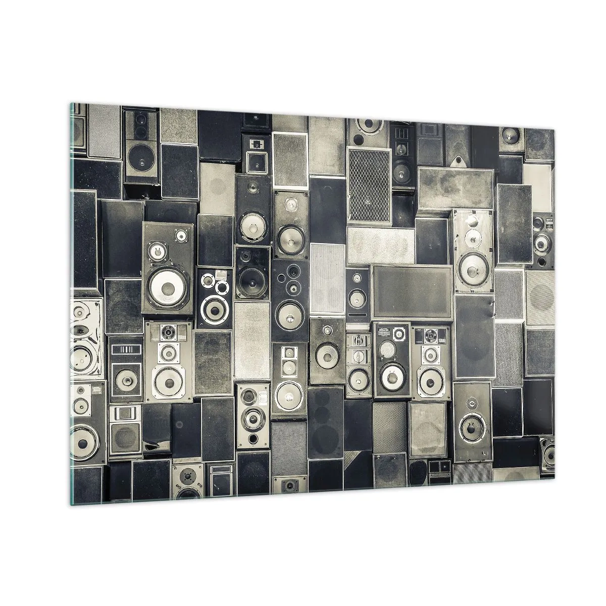 Impression sur verre - Image sur verre - Une composition d'enceintes rétro dans des tons de gris - 100x70cm - Tout va bien - Décoration murale moderne pour le salon et la chambre ARTTOR