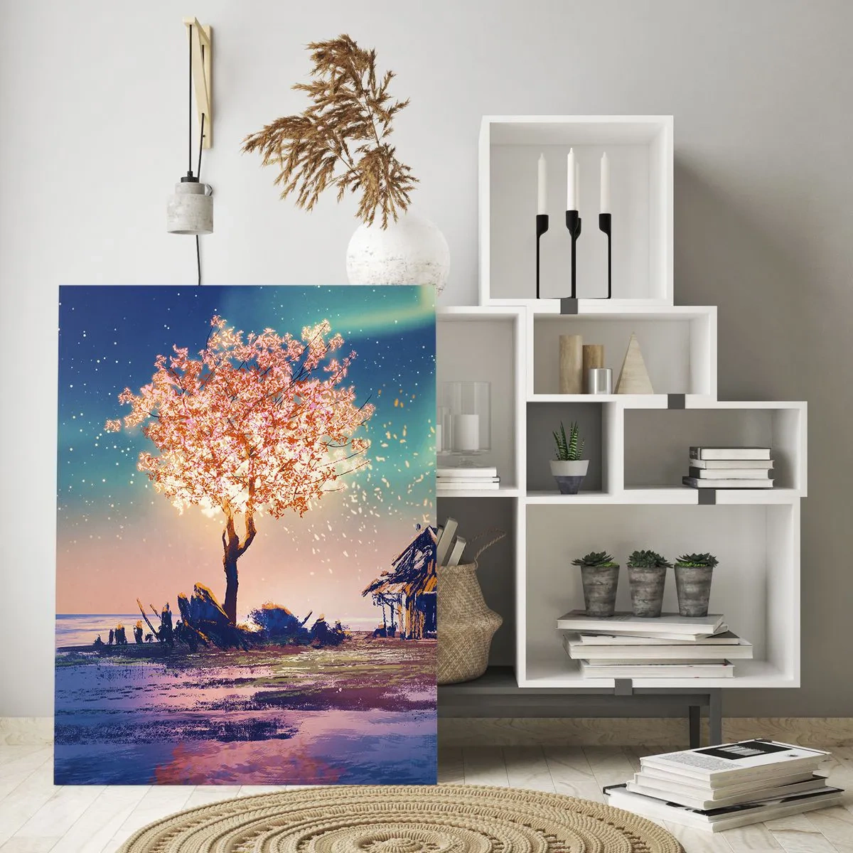 Impression sur verre - Image sur verre - Un paysage magique avec un arbre en fleurs et un chalet - 50x70cm - La nature ne passe pas - Décoration murale moderne pour le salon et la chambre ARTTOR