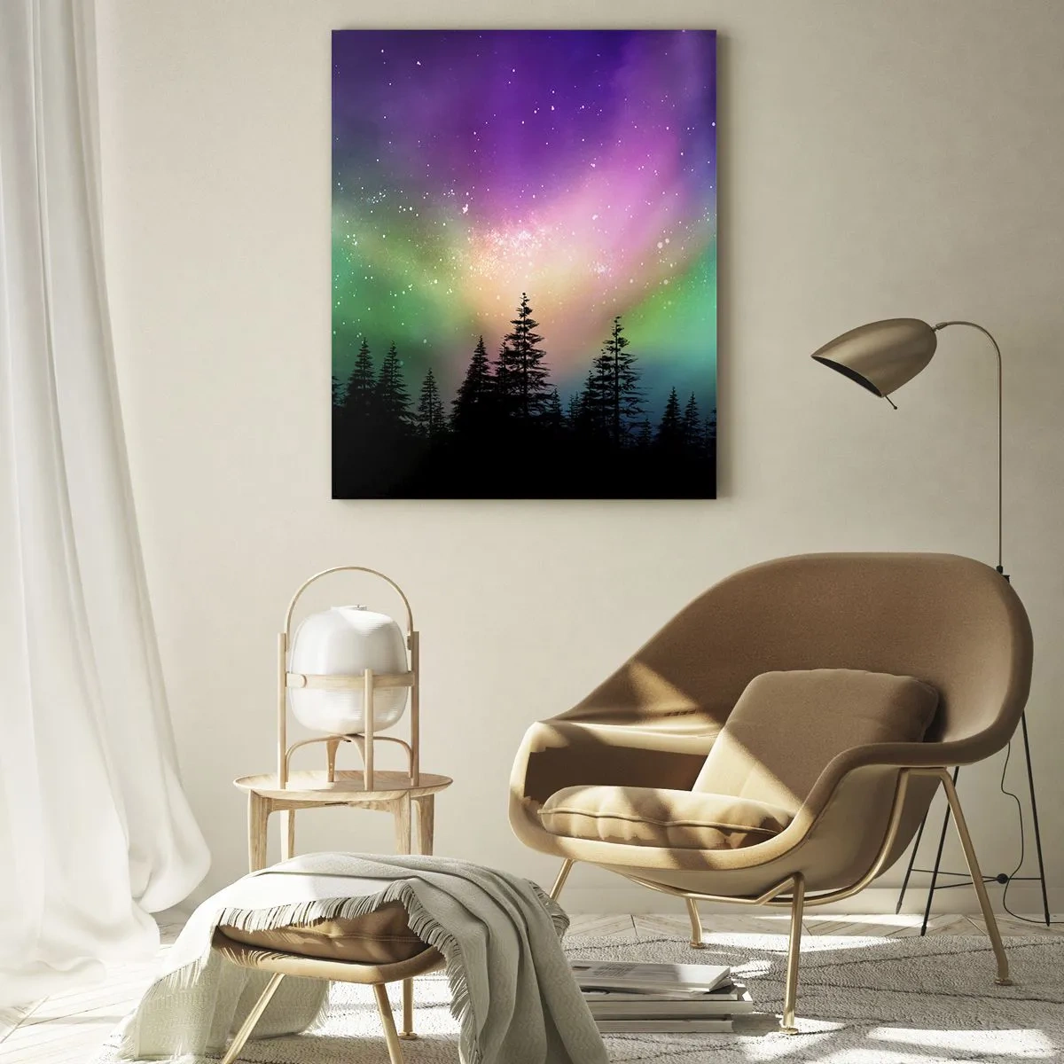 Impression sur verre - Image sur verre - Forêt la nuit sous les aurores boréales colorées - 50x70cm - Magie blanche - Décoration murale moderne pour le salon et la chambre ARTTOR