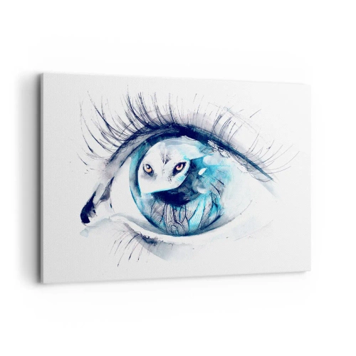 Impression sur toile - Image sur toile - Un œil avec une image d'un hibou dans des tons bleus à l'aquarelle - 100x70cm - Face à face avec la nature sauvage - Décoration murale moderne pour le salon et la chambre ARTTOR